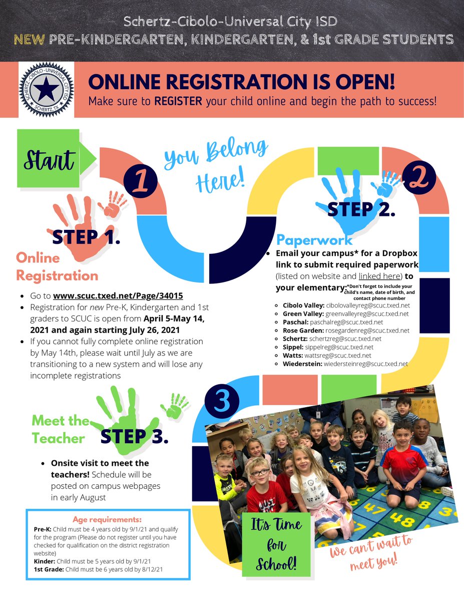 Online registration is now open for Pre-Kindergarten, Kindergarten and 1st Grade students in the Schertz-Cibolo-Universal City Independent School District!
Go to scuc.txed.net/Page/34015. 

#YouBelongHere
bit.ly/3unxvie