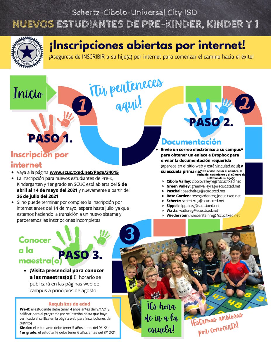 ¡La inscripción en línea ya está abierta para los estudiantes de Pre-Kindergarten, Kindergarten y 1er grado en el Distrito Escolar Independiente de Schertz-Cibolo-Universal City!
Vaya a scuc.txed.net/Page/34015
bit.ly/3unxvie
#PertenecesAqui