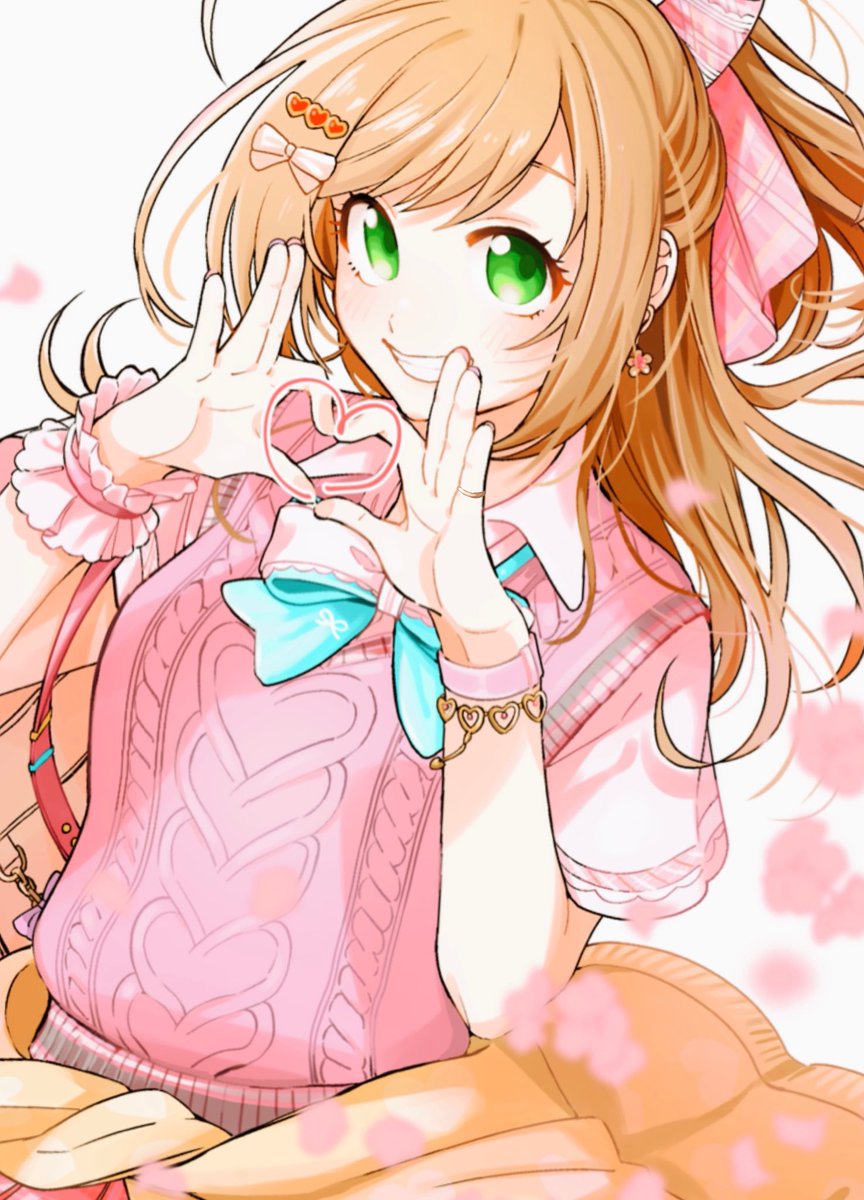 sato shin 1girl green eyes heart heart hands solo smile ahoge  illustration images