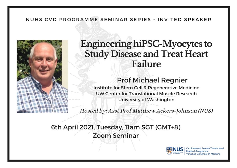NUS CVD Programme (@cvdnus) on Twitter photo Happening tomorrow! Tue 6 Apr 11am SGT / 8pm PST 🤩
“Engineering hiPSC-Myocytes to Study Disease and Treat Heart Failure” ❤️ by Prof Michael Regnier <a href="/MichaelRegnier9/">Michael Regnier</a>
💪Register now! tinyurl.com/yh4pegez
<a href="/NUSMedicine/">Yong Loo Lin School of Medicine</a> #NUSresearch #cvdnus #cardiotwitter #AcademicTwitter Happening tomorrow! Tue 6 Apr 11am SGT / 8pm PST 🤩
“Engineering hiPSC-Myocytes to Study Disease and Treat Heart Failure” ❤️ by Prof Michael Regnier <a href="/MichaelRegnier9/">Michael Regnier</a>
💪Register now! tinyurl.com/yh4pegez
<a href="/NUSMedicine/">Yong Loo Lin School of Medicine</a> #NUSresearch #cvdnus #cardiotwitter #AcademicTwitter