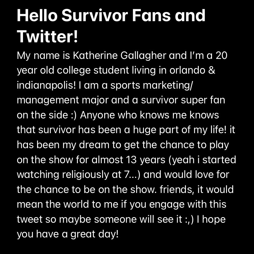 <a href="/survivorcbs/">SURVIVOR</a> I sent in my application last may and I know production just started up again for season 41 after covid protocols!!! 43 &amp; 44 are around the corner so here's me again in 2021 :) <a href="/JeffProbst/">Jeff Probst</a> <a href="/ScotPollard31/">Scot Pollard</a> <a href="/Carbin39/">Janet Carbin From Survivor 39</a>
