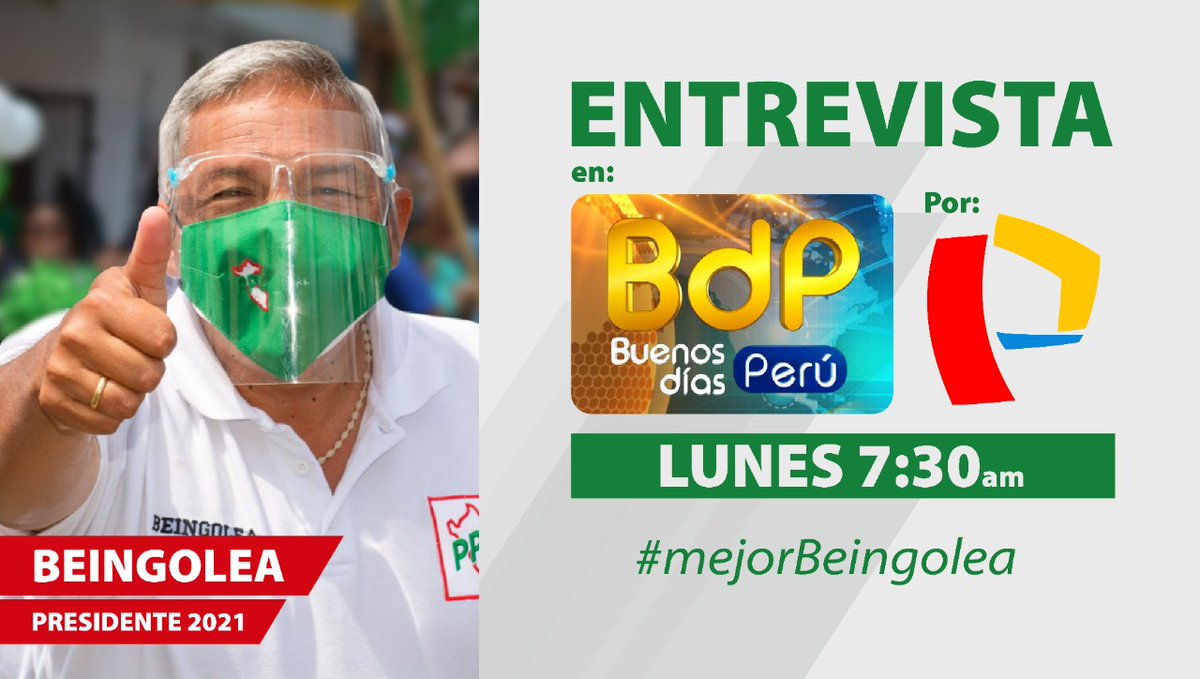 ppc_peru's tweet photo. @BeingoleaA mañana en @BDPTV. Somos la mejor propuesta para el Perú. 🇵🇪💪💚

#MejorBeingolea #BeingoleaPresidente https://t.co/2DPCjpQYuc