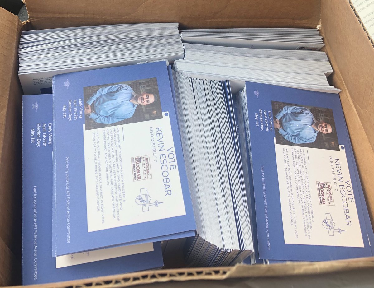 northside_aft's tweet photo. A few thousand postcards are headed out to NISD district 7 voters. NISD educators, parents, and students are ready for their voices to be heard. Change is needed and @KevinFor7 has committed to valuing  the voices of constituents and the employees, of NISD. https://t.co/VPznrhh1XZ