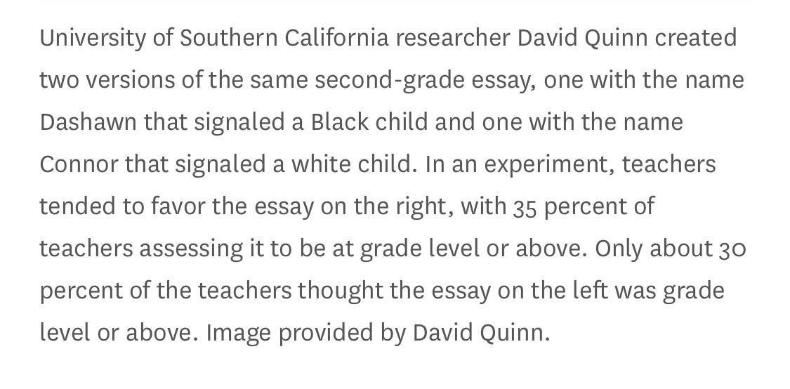 chris_notcapn's tweet photo. They gave the teachers identical writing — but in one the students brother was named “Dashawn” in the story he wrote about, and in the other the student’s brother was named “Connor”.  Guess who got the better grade? https://t.co/jDucIB3s37