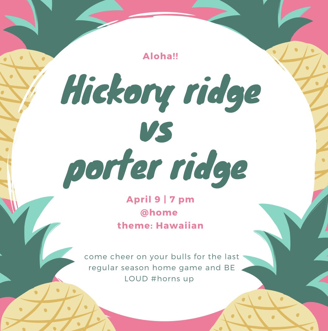 Aloha, happy game week!!!! 🌴
🗓Friday 4/9  
🕖 Kickoff: 7 pm 
📍@ Home vs porter ridge 
🌺Theme: Hawaiian 
Everyone come and support your bulls this week! Be loud for our last regular season home game!! Go bulls 💙 #HornsUp