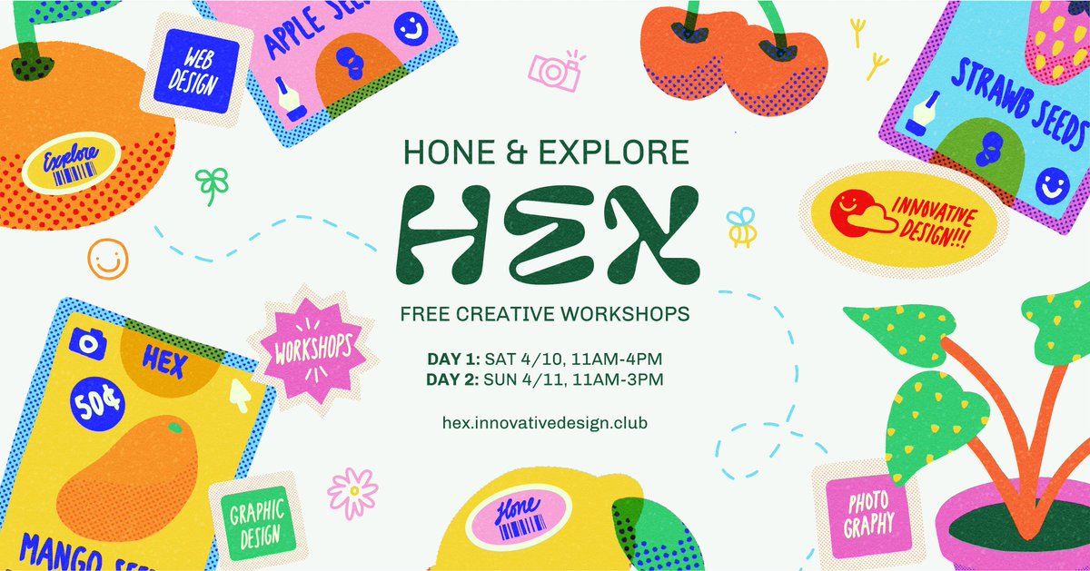 InnoDatCAL's tweet image. InnoD presents HEX: Hone &amp;amp; Explore, a weekend of free creative workshops! Topics include graphic design, web design, photography, + more!

Day 1: Sat 4/10, 11am-4pm PT
Day 2: Sun 4/11, 11am-3pm PT

Register: tiny.cc/hex-sp21"
