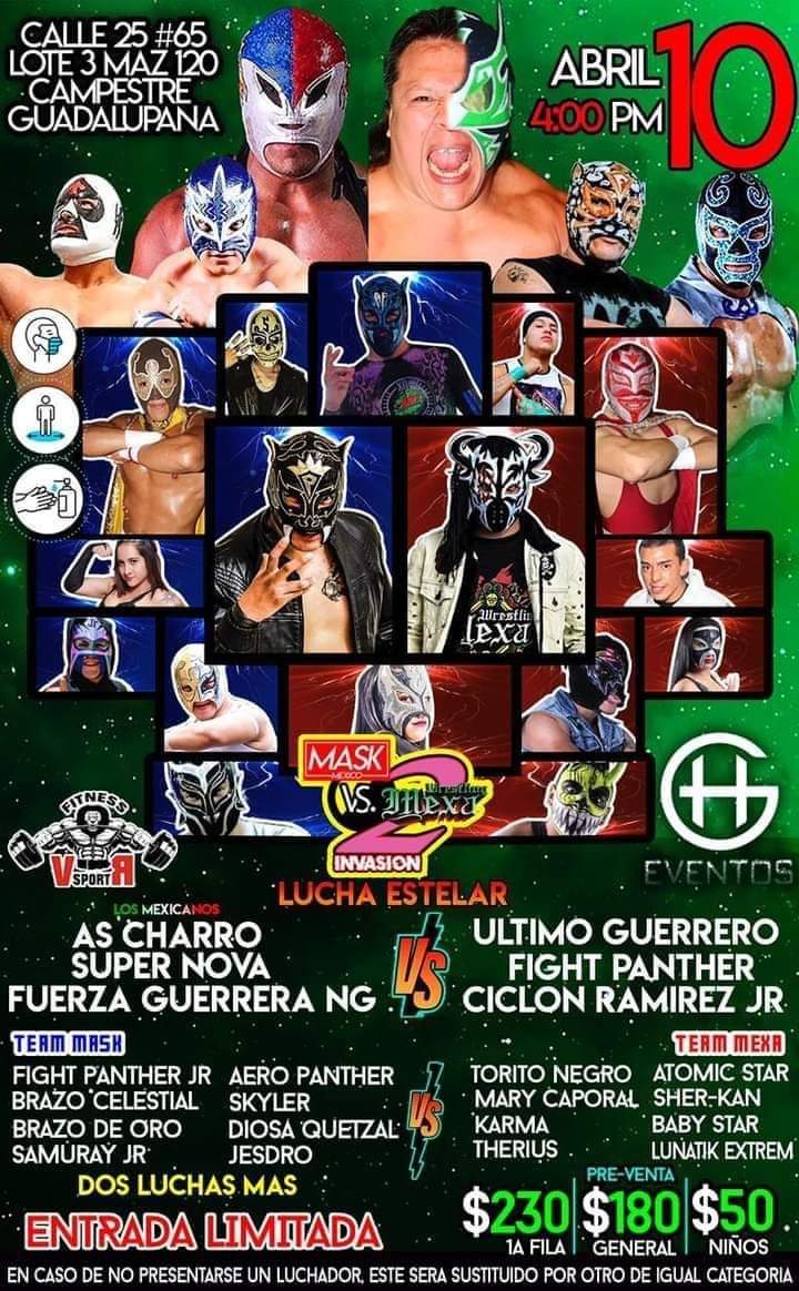 LaTijeraLucha's tweet photo. Sábado 1️⃣0️⃣ de abril 16:00 horas, llega a la #CampestreGuadalupana la primera fase de #CupWarfare #MaskMexico contra #MexaWrestling:
🔥 Guerreros mexicanos #UltimoGuerrero #FightPanther y @hciclon_ramirez 🆚️ @supernovaindy #AsCharroNG y #FuerzaGuerreraNG.
#latijeraluchalibre https://t.co/7udqDw8lx3