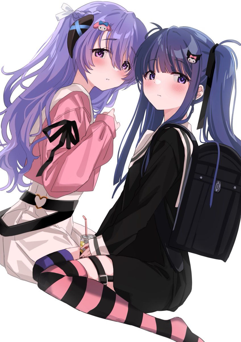 furude rika ,hanyuu multiple girls 2girls backpack purple hair horns bag thighhighs  illustration images