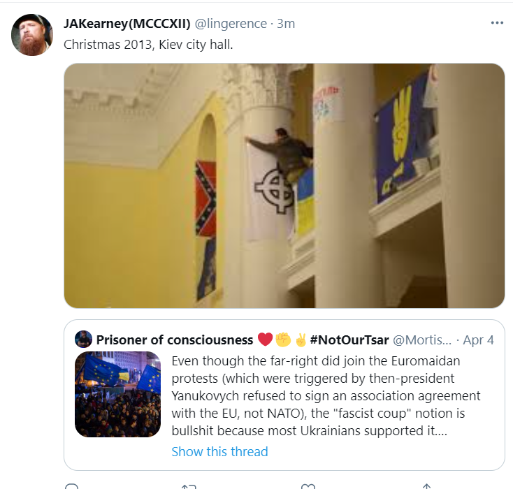 Great to illustrate my point that there, indeed, were some far-right at the protests.The occupied Kyiv City Hall was a free-for-all basically, you probably could put any banner there especially if the normies have no idea what the fuck it is supposed to mean.