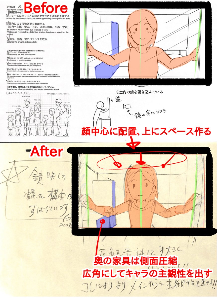 【顔をフレーム中央に配置】
・奥の家具を圧縮してより前のキャラに目が行くようにする
※20年4月プロコース「空間と人・自由」添削例より 