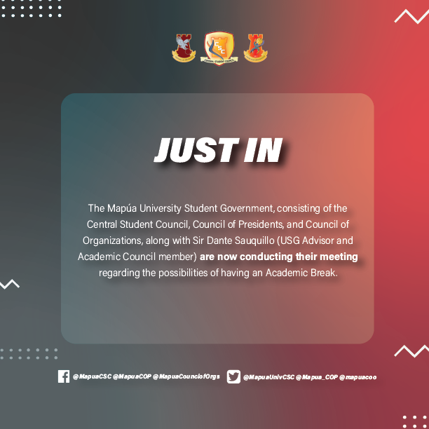MapuaUnivCSC's tweet photo. [JUST IN]

The Mapua University Student Government along with Sir Dante Sauquillo (USG advisor and academic council member) 𝐚𝐫𝐞 𝐧𝐨𝐰 𝐜𝐨𝐧𝐝𝐮𝐜𝐭𝐢𝐧𝐠 𝐭𝐡𝐞𝐢𝐫 𝐦𝐞𝐞𝐭𝐢𝐧𝐠 regarding the possibilities of having an Academic Break. https://t.co/C3VHDxdMgw