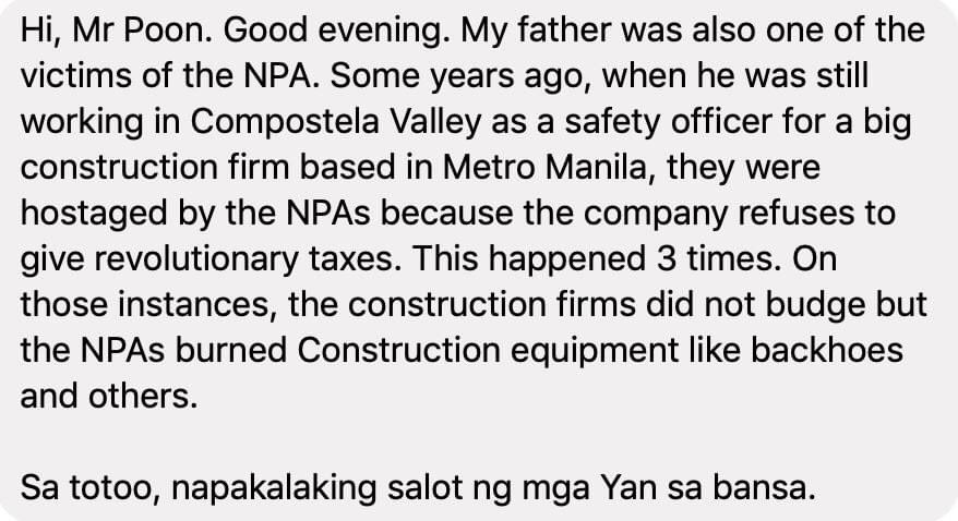 RichardPoonPh's tweet photo. Shouldn't NPA extortion and harrassment
to get revolutionary tax,
and them burning equipment of
hard-working Pinoys in the provinces...
be featured heavily on mainstream media?
--------------------------
#NPAharassmentAndExtortion
#CompostelaValley https://t.co/qgM55SZIsN