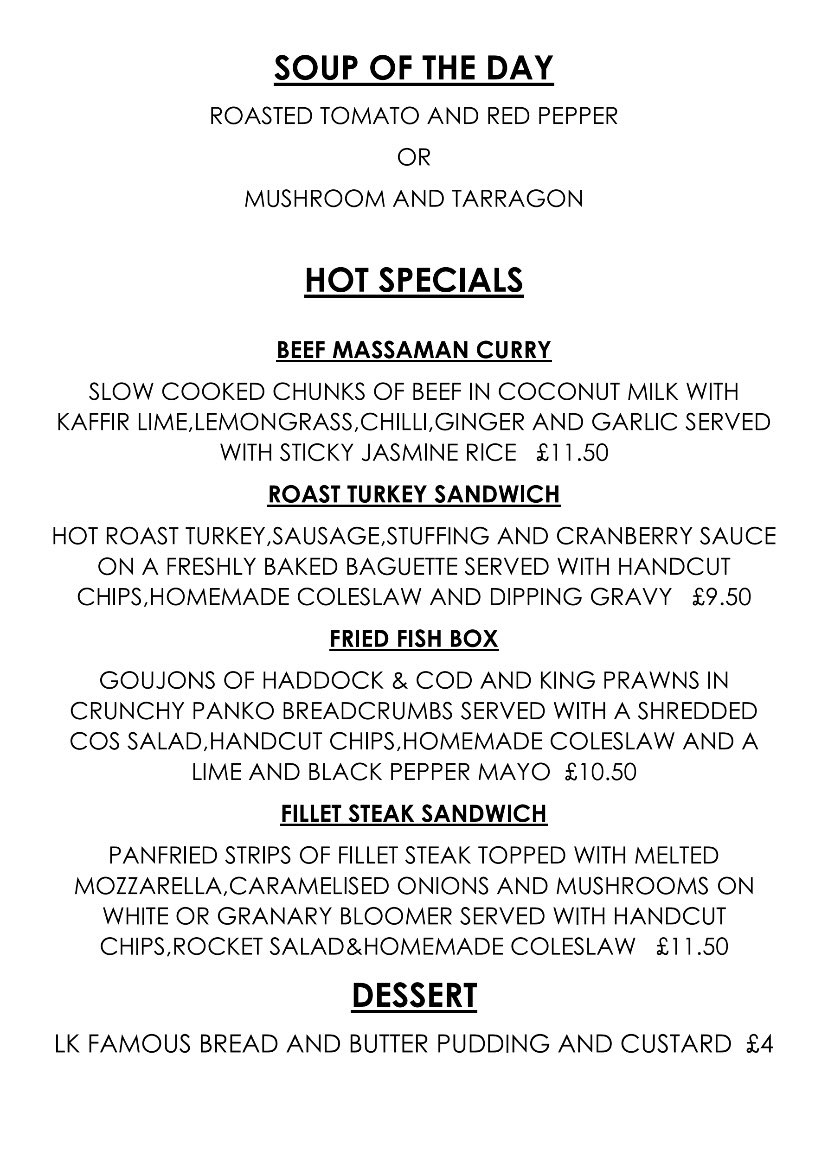 We are open this bank holiday Monday for take away collection 10 - 3. Here are today’s specials