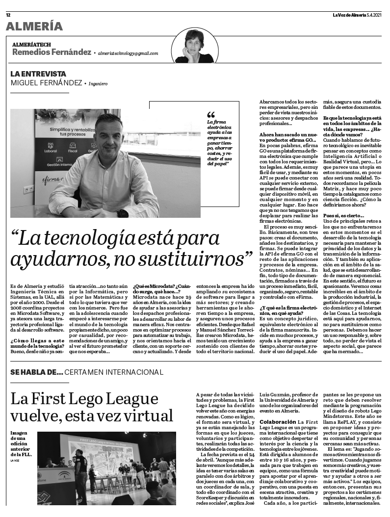 RemediosFdez's tweet photo. Hoy en la sección #AlmeríaTech en La Voz de Almería, conversamos Miguel Fernández, ingeniero de Sistemas, sobre #efirmaGO, una plataforma que facilita el proceso de la firma electrónica.Además, anunciamos la nueva edición d la First Lego League Almería q organiza @ClubRoboticaUAL https://t.co/u3uLw6Py0I