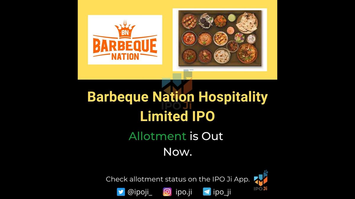 ipoji_'s tweet photo. *IPO ALLOTMENT ALERT**
Barbeque Nation IPO Allotment is OUT.
Check status on IPO Ji App 📱.
https://t.co/E0qDNM3xQs
Also comment your Allotment status
#nazara #nazaraipo #BarbequeNation #BarbequeNationipo https://t.co/572jyRRNQl