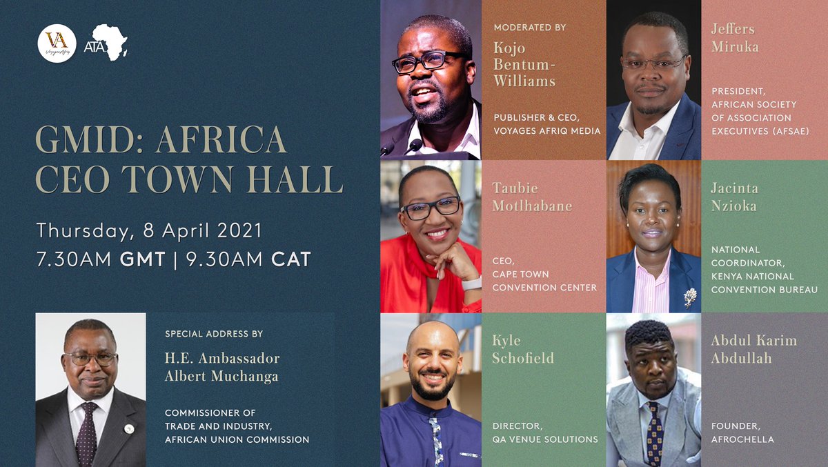 #VoyagesAfriq Join us on 8 April as tourism leaders discuss the future of meetings and events across Africa feat. a special address by African Union Commissioner of Trade &amp; Industry H.E. Albert Muchanga.Register here us02web.zoom.us/webinar/regist…  <a href="/AfricanSAE/">AFSAE</a>