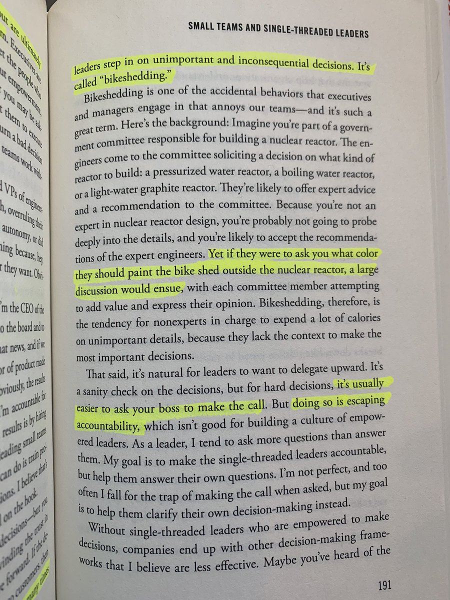 Why so many companies talk about empowering people but so few do it: it takes courage. Not just from a above (trusting people a level below) but from below (not asking your manager to make every small decision - aka bike shedding)

From the book Ask Your Developer via <a href="/jeffiel/">Jeff Lawson</a>