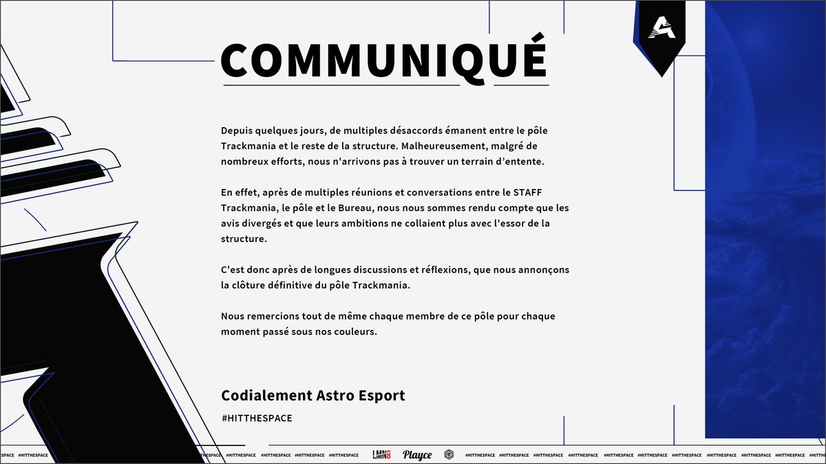 Une longue aventure s'arrête là... 😢

La fermeture de notre pôle #Trackmania est le sujet principal du communiqué.  📝

Restez à l'affût pour la suite ! 👀