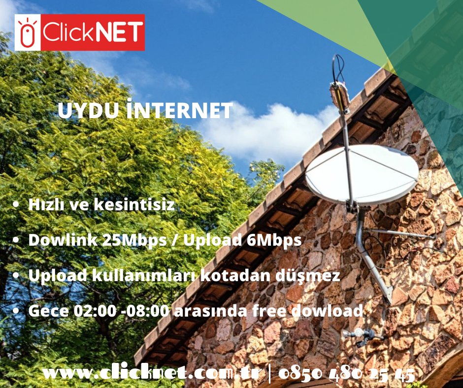 Gsm ve internet alt yapısı olmayan zor arazi şartlarında Clicknet ile uydu üzerinden internet hizmeti almak artık çok kolay. 
Hızlı ve kesintisiz.
Dowlink 25Mbps / Upload 6Mbps
Upload kullanımları kotadn düşmez
Gece 02:00-08:00 arasında free dowload
#uyduinternet #vsat #kabant