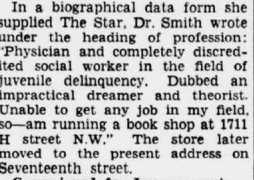She wrote in her bio: “Physician and completely discredited social worker in the field of juvenile delinquency. Dubbed an impractical dreamer and a theorist. Unable to get a job in any field, so I’m running a book shop...”