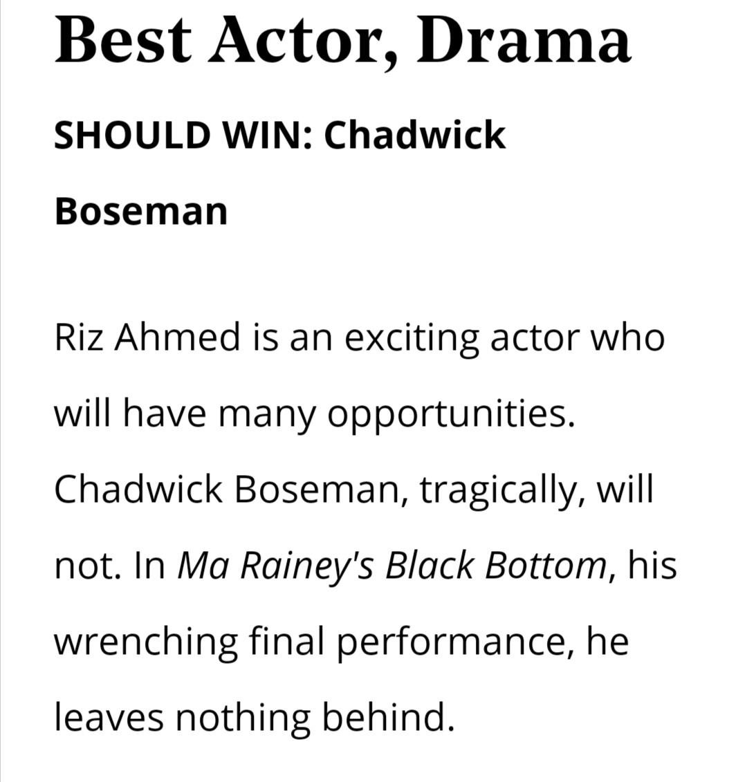 Chadwick boseman best actor award? What the hell is wrong with this biased Hollywood voters. Instead of giving awards on performance they are giving sympathy awards to boseman. Riz ahmed and hopkins are far ahead in performance. #SAGAwards #sagawards2021 #Oscars #SoundOfMetal https://t.co/MS0gcqrctj