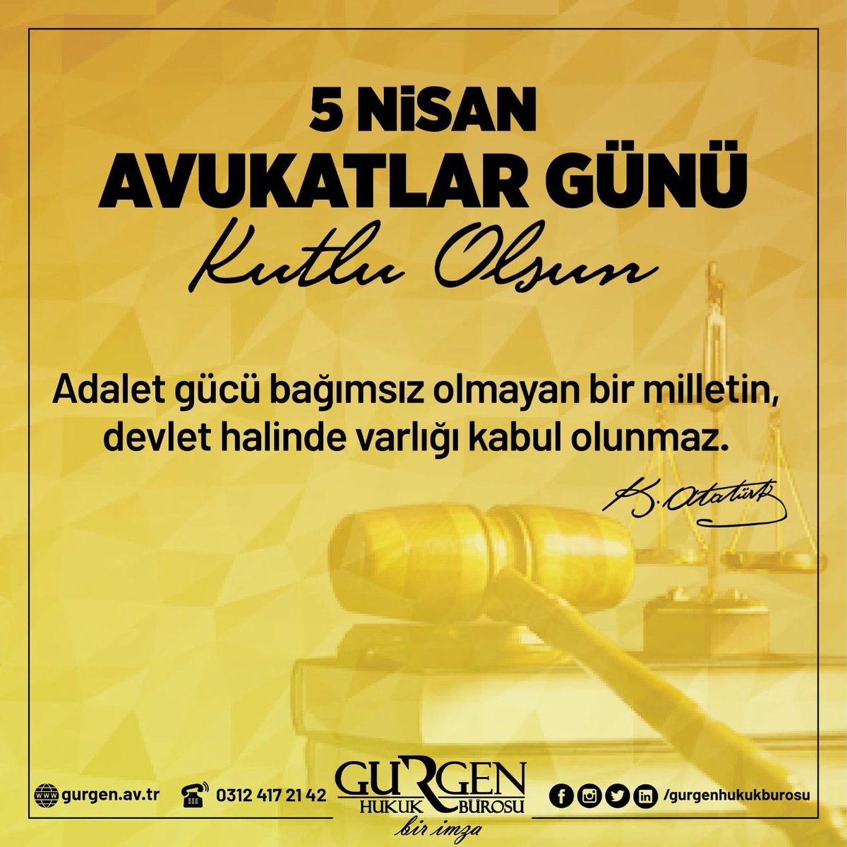 5 Nisan Avukatlar Günü Kutlu Olsun. 
Gürgen Hukuk Bürosu
gurgen.av.tr
0312 417 21 42
#ankara #hukukbürosu #gurgenhukukburosu #hukuk #avukat #hukukdanışmanlık  #icraiflashukuku #5nisan #5nisanavukatlargünü #5nisanavukatlargünükutluolsun #5nisanavukatlargünümüzkutluolsun