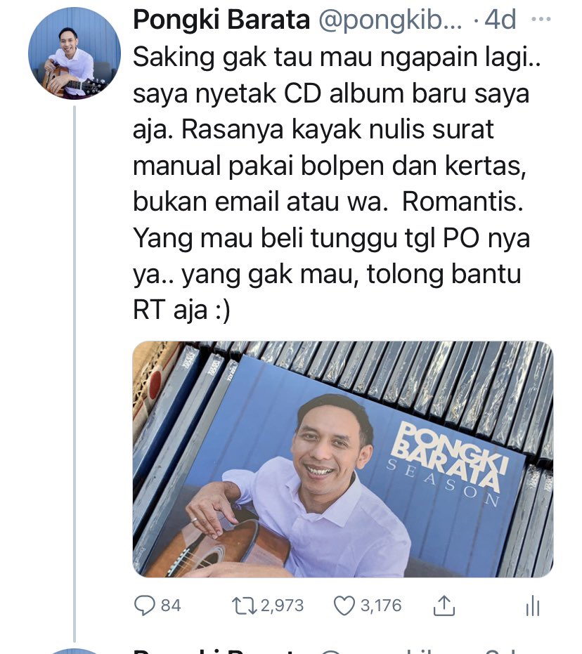 Orang baik datang dlm berbagai rupa. Satu, menolong saat musibah, dua membantu mendoakan saat tidak diminta, ketiga, membantu RT jualan CD dimana jaman udah streaming gratisan :) . Maturnuwun buat ribuan RT, padahal gak ada konten gosipnya