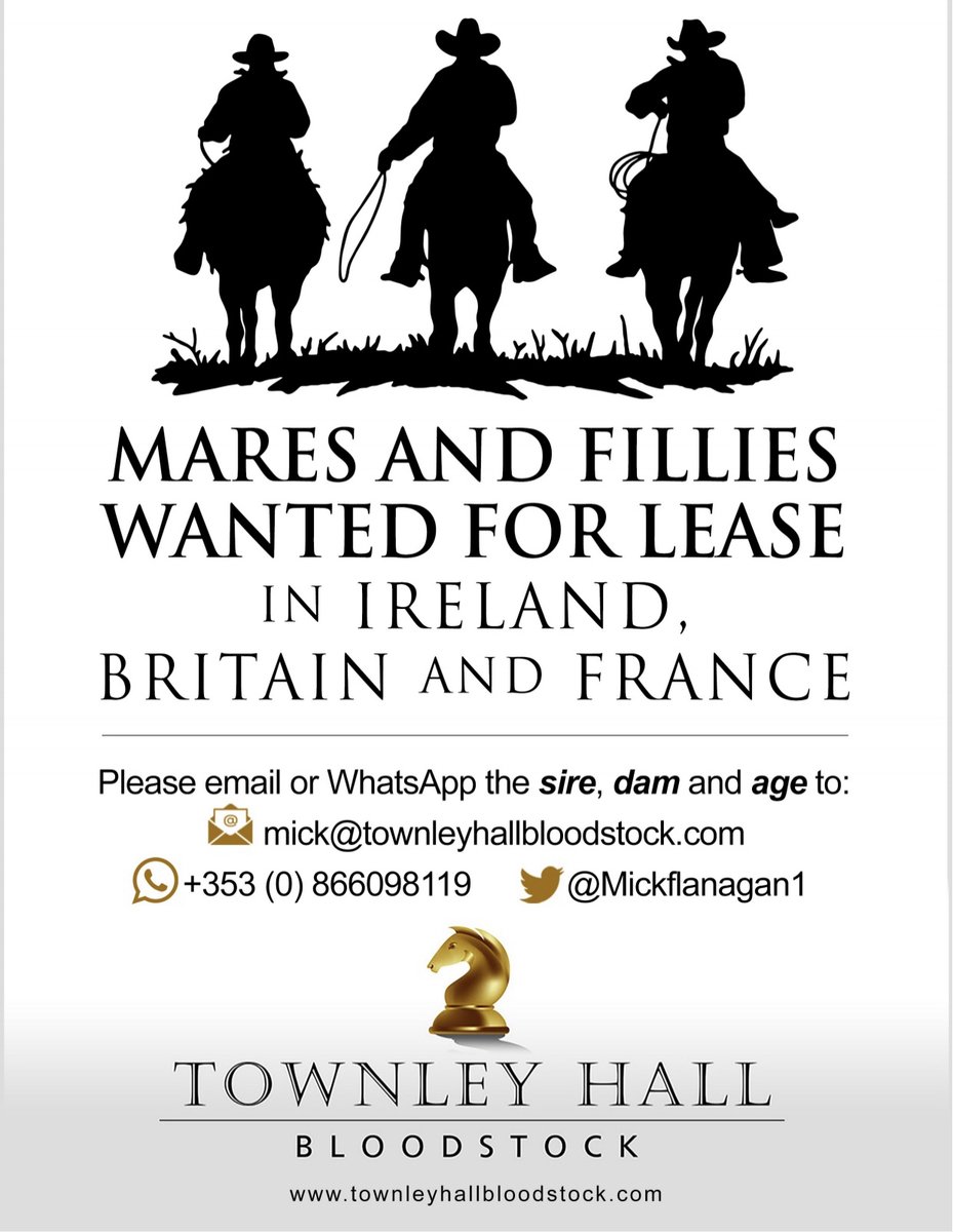 TDN (@thetdn) on Twitter photo Mares and fillies wanted for lease in Ireland, Britain and France. Contact <a href="/MickFlanagan1/">Mick Flanagan</a>. Mares and fillies wanted for lease in Ireland, Britain and France. Contact <a href="/MickFlanagan1/">Mick Flanagan</a>.