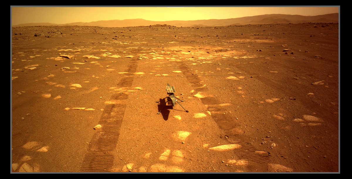 mars_stu's tweet photo. Standing beneath a shrunken Sun on the cinnamon sands of Mars, watched over by a nuclear-powered robot, a helicopter waits to make its historic first flight... Image Credit: NASA/JPL-Caltech / S Atkinson https://t.co/Il1zmA85XA