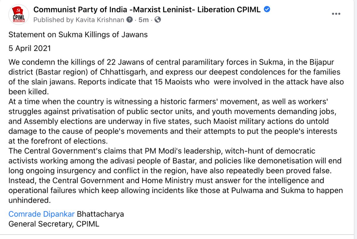 Dipankar_cpiml's tweet photo. Our statement condemning the #SukmaKillings https://t.co/NKJ3EZLQO8