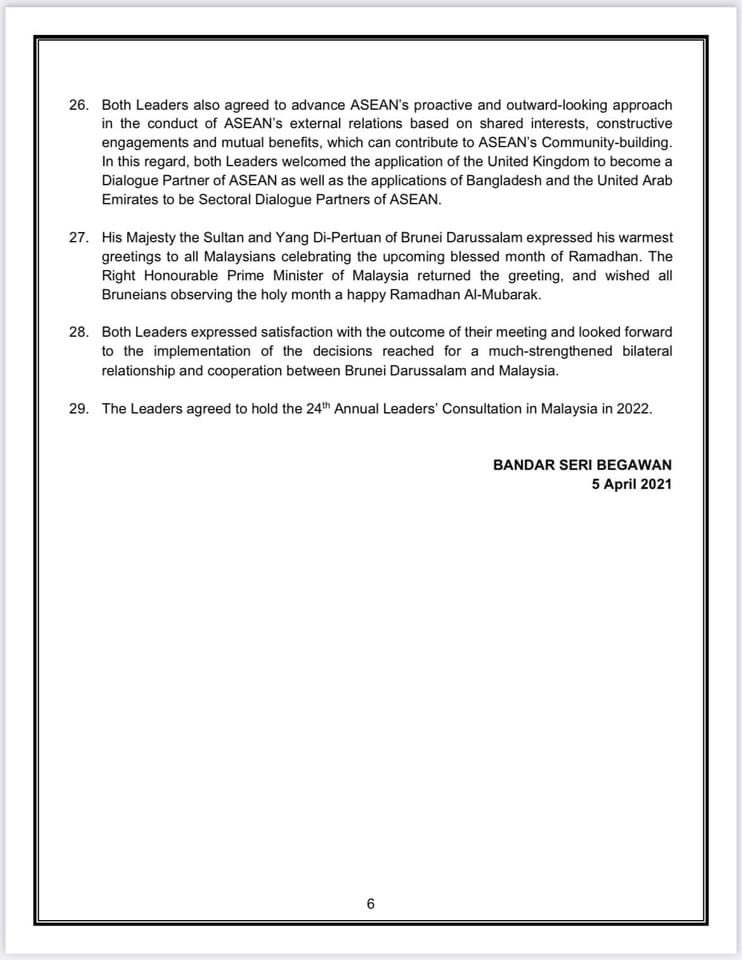 MuhyiddinYassin's tweet photo. Joint Statement on the 23rd Annual Leaders Consultation between Sultan and Yang Di-Pertuan of Brunei Darussalam 🇧🇳 and The Prime Minister of Malaysia 🇲🇾 2/2 https://t.co/eeRQpIzP1a