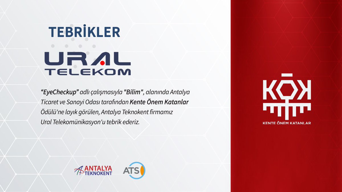 Ateknokent's tweet photo. “EyeCheckup” adlı çalışmasıyla "Bilim" alanında @AntalyaTSO tarafından Kente Önem Katanlar Ödülü'ne layık görülen, #AntalyaTeknokent firmamız Ural Telekomünikasyon'u tebrik ederiz. https://t.co/eWtJwkoO2I