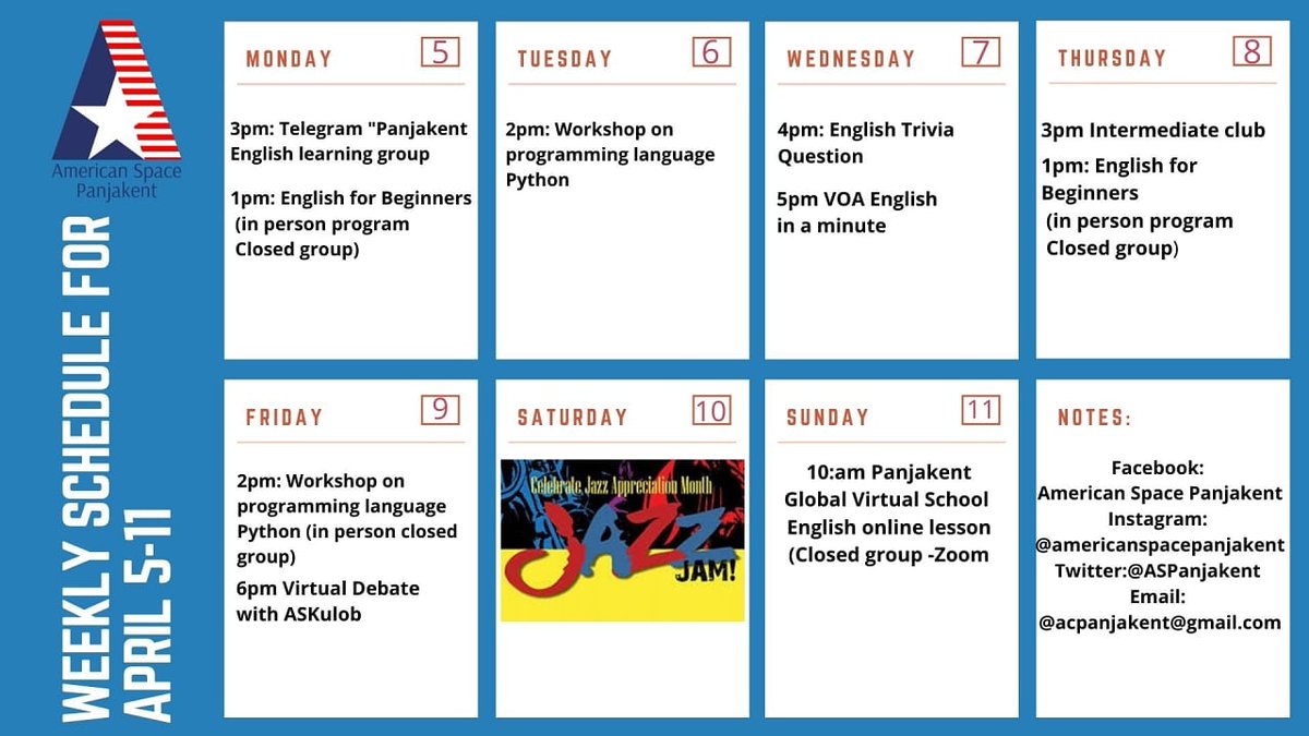 ASPanjakent's tweet image. Dear duston😀
➡️Please take a look to our  weekly schedule for first week of April 5-11.
➡️Welcome and  join our programs.
📎Before entering to the Space don&apos;t forget to wear your masks!
#Americanspacepanjakent
#VirtualPrograms
#inpersonprograms
#trainings
#забонианглисӣ