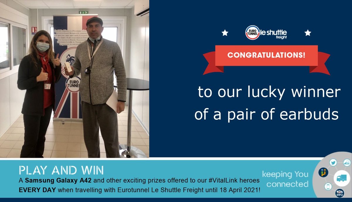 🏅We would like to congratulate Leonid who won a pair of wireless Bluetooth earbuds!
👉Play and win EVERY DAY when you travel with #Eurotunnel le Shuttle #Freight
#TruckDriver #Calais #Folkestone #PlayWinEurotunnel