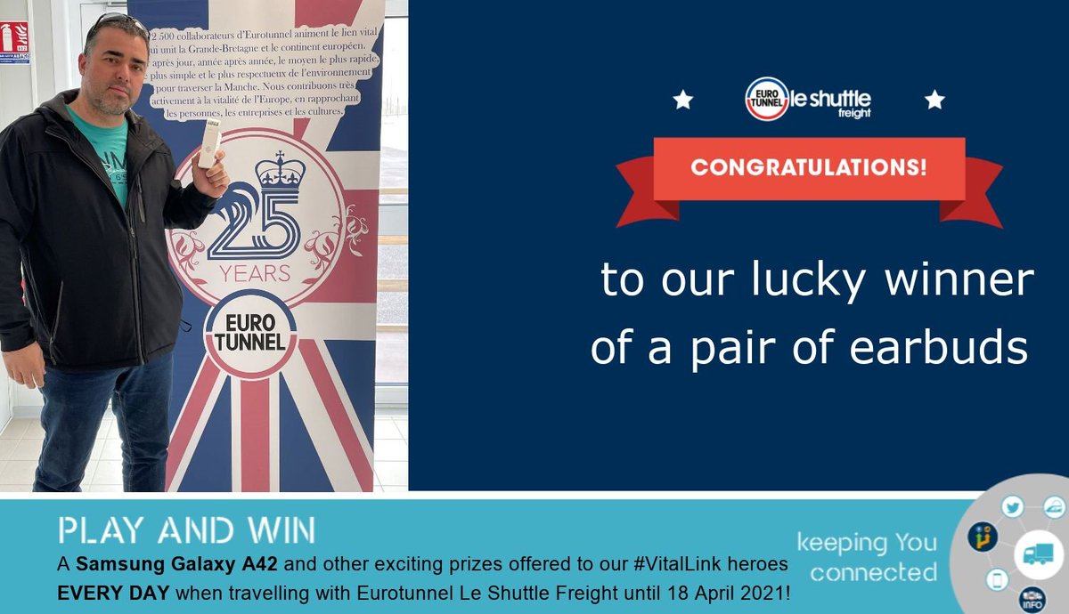 🏅We would like to congratulate Fabio who won a pair of wireless Bluetooth earbuds!
👉Play and win EVERY DAY when you travel with #Eurotunnel le Shuttle #Freight
#TruckDriver #Calais #Folkestone #PlayWinEurotunnel
