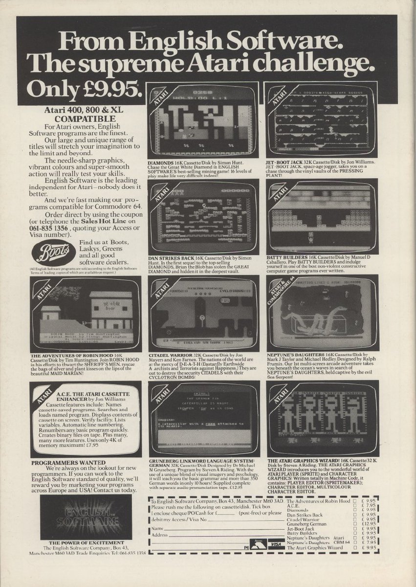 TakodanTweets's tweet image. 1984 advert by #EnglishSoftware and a bunch of their games on #Atari400 #Atari800 #Commodore #C64