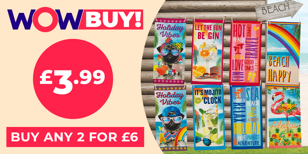 studio_co_uk's tweet photo. WOW BUY!! These super-fun towels are a steal at ONLY £3.99 or buy any 2 for ONLY £6!! https://t.co/TJhtoOo5w5 ☀️

#WOWBUY #WeDoWOW #FindYourWOW #SummerFun https://t.co/kI8dyfVsDF