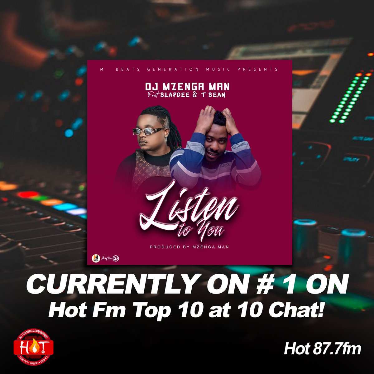 Start calling at 10:55 on <a href="/HOT877Zambia/">HotFMZambia</a> 10@10 and Vote for LISTEN TO YOU BY Mzenga Man feat. <a href="/tseanbaila/">T-sean - By Any Means</a> &amp; <a href="/slapdee/">Slapdee</a> for the NUMBER 1 spot on 0974870877. Lets mantain number 1 for 1month or more!!! To vote you will call 
#TheBigBossIII #MBG