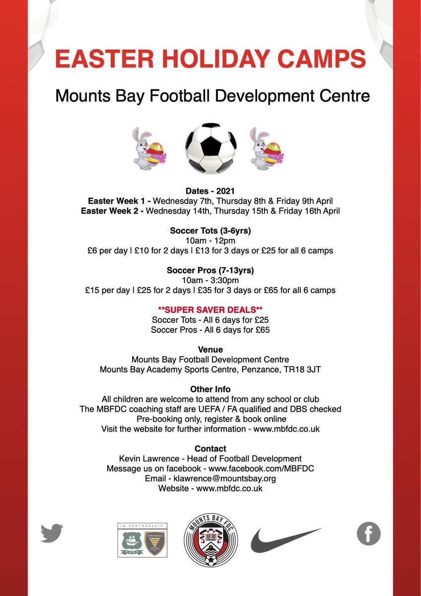 MountsBayFDC's tweet photo. EASTER FOOTBALL CAMPS 😀⚽️

All children welcome, info now live on the website. Click the link below to book now 👇
https://t.co/474f9xdU7i

@cornwallfa @MountsBaySchool https://t.co/DgQNTEguxd