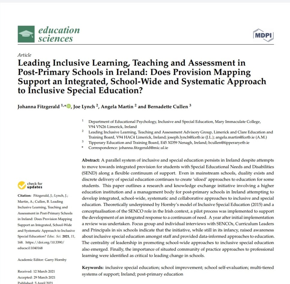 JohFitzMIC's tweet photo. OPEN ACCESS Paper exploring importance of school-wide systematic approach to inclusive special education. #researchcollaboration #SENCO #systemsleadership #education @cslireland @ETBIreland @LimClareETB @JMB_Secretariat @NAPD_IE @sig_esai @patriciamannixm https://t.co/BYhvRo54Ck https://t.co/MXlNyAeyRD