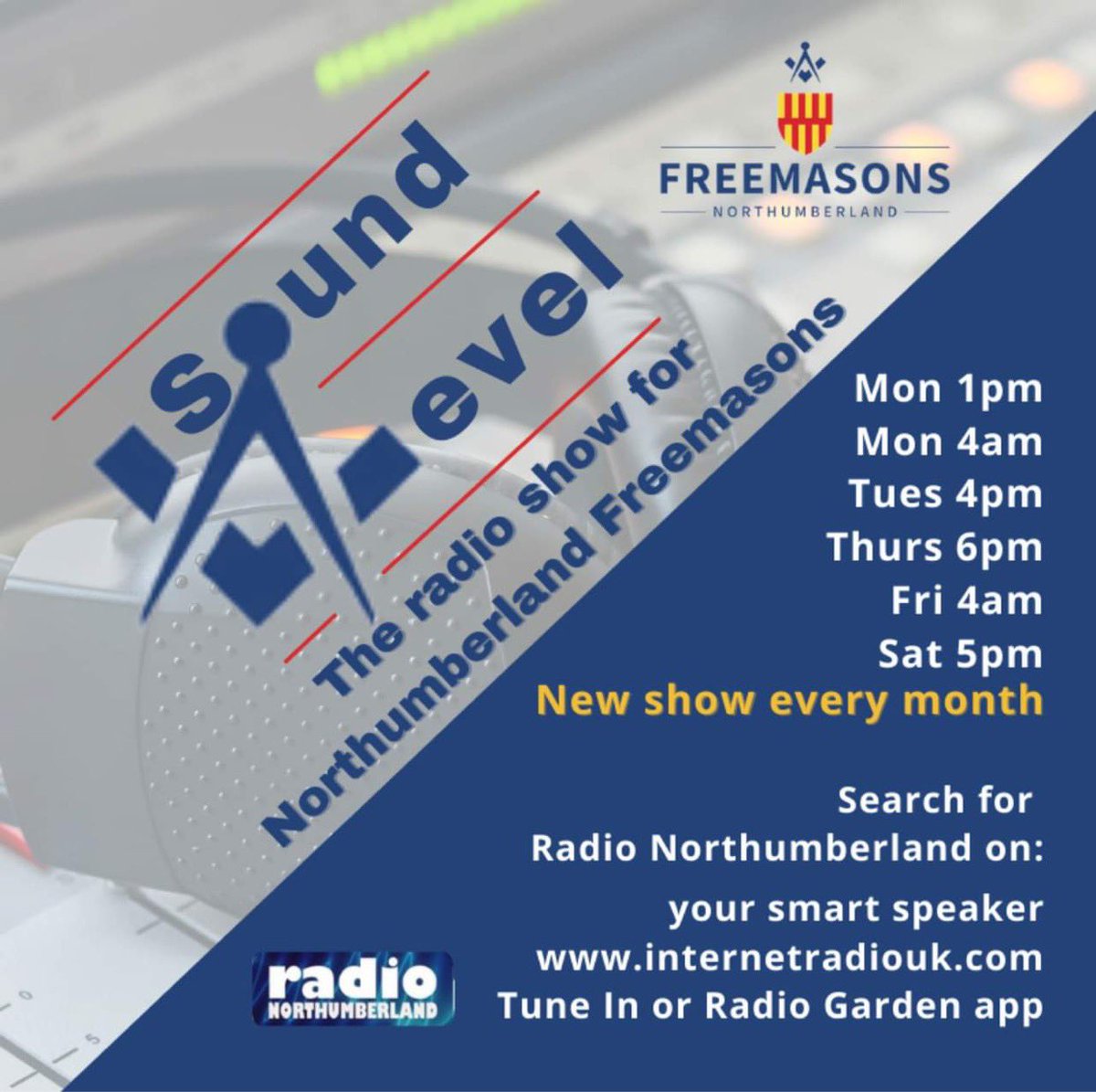 ProvincialGLN's tweet photo. Tune into @RNorthumberland on Monday 5th April at 1pm for @ProvincialGLN April Radio Show #SOUNDLEVEL @HighlightsPR @sanger_george @WorvellMichelle @BrianDenton6723 @BykerMasonsHall @widowssonsnland @ProvGrandMaster @PrioryNLandKT #freemasons #EasterMonday https://t.co/8P7hLbz0Q7