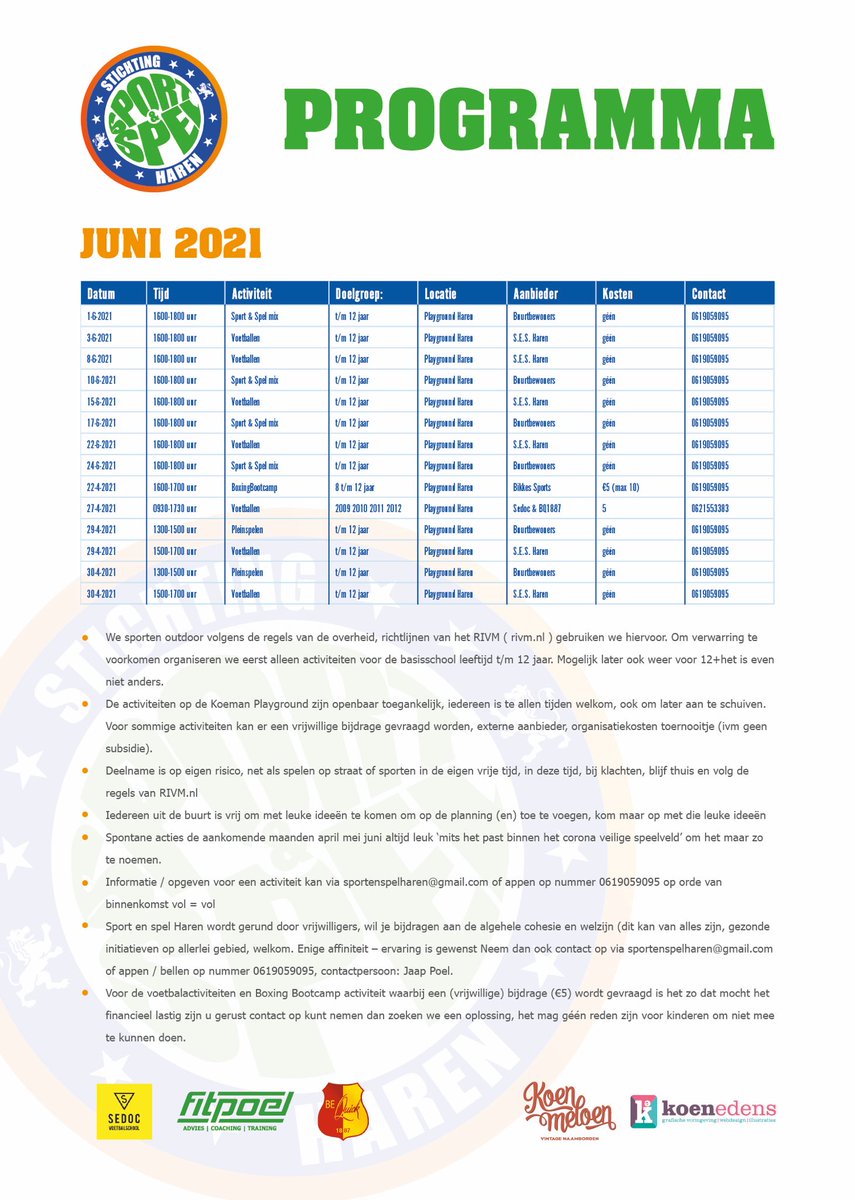Programma 2e kwartaal april mei juni 2021 #sporten #spelen #bewegen #ontmoeten <a href="/KoemanHaren/">KoemanPlaygroundHaren</a> 😃☀️⚽️🏀🏐🎾🥏⚾️🥎🏓🏸🥅 #sportenspelHaren #Koeman #playground #KoemanPlayground