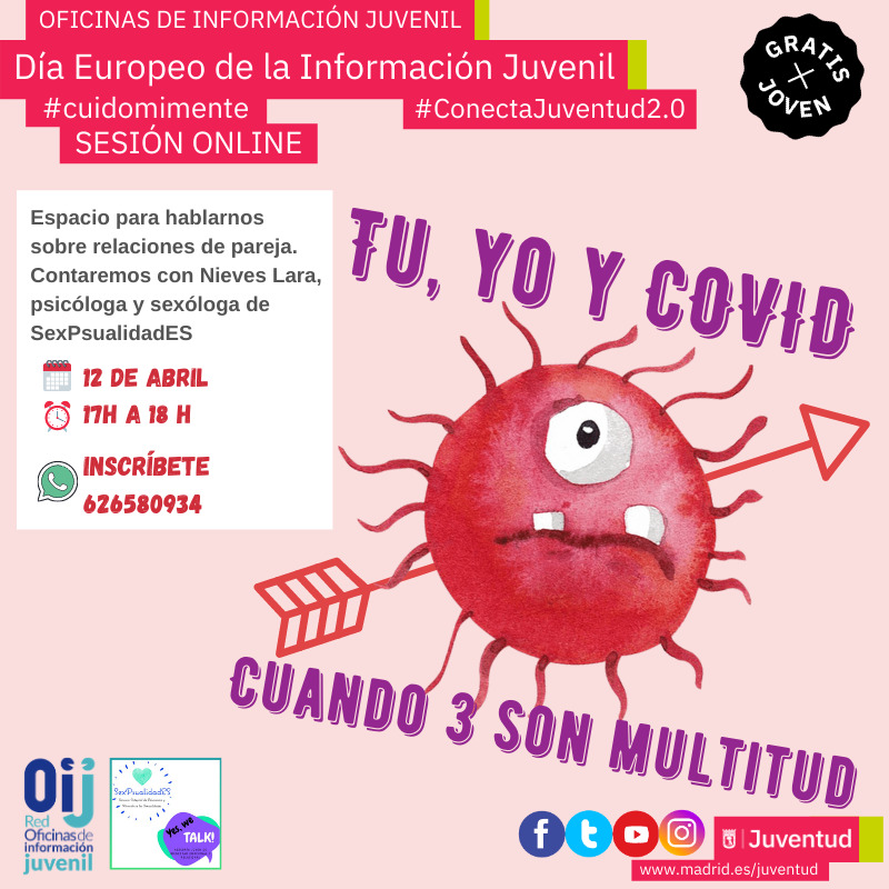 MadridJuventud's tweet photo. Día Europeo de la Información Juvenil 2021 #EYID2021
El próximo 17 de abril
Las Oficinas de Información Juvenil del Ayuntamiento de Madrid nos sumamos a esta celebración con eslogan siguiente:
#YouthInfo #cuidomimente. Descubre tu ser interior. 
Inscríbete por Whatsapp 626580934. https://t.co/YmyIifhsid
