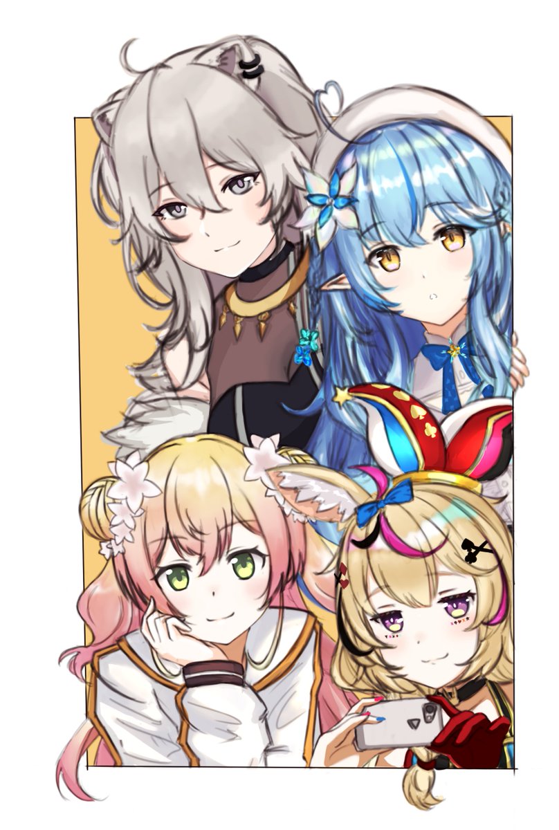 momosuzu nene ,omaru polka ,shishiro botan ,yukihana lamy 4girls multiple girls animal ears grey hair pointy ears lion ears blonde hair  illustration images