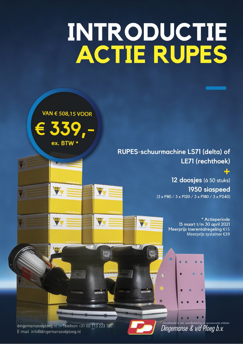 Een hele mooie RUPES actie! Een RUPES-schuurmachine LS71 of LE71 + 12 doosjes 1950 siaspeed.  Normaal €508,15 en nu maar €339,- ex btw.