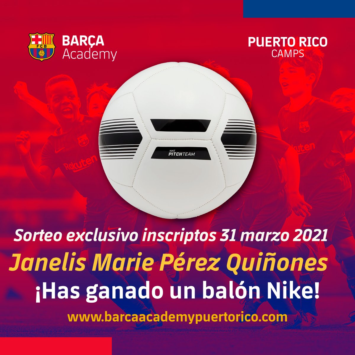 BARCAACADEMYPR's tweet photo. Janelis Marie Pérez Quiñones de Gladiadores de Dorado ha sido la ganadora del balón Nike ⚽️ del sorteo del 31 de marzo.
Inscríbete a los Summer Camps y participa de los sorteos!!!
📞(787) 395 7370
https://t.co/HT6gDTWRy0 https://t.co/sw3UjYt3xO