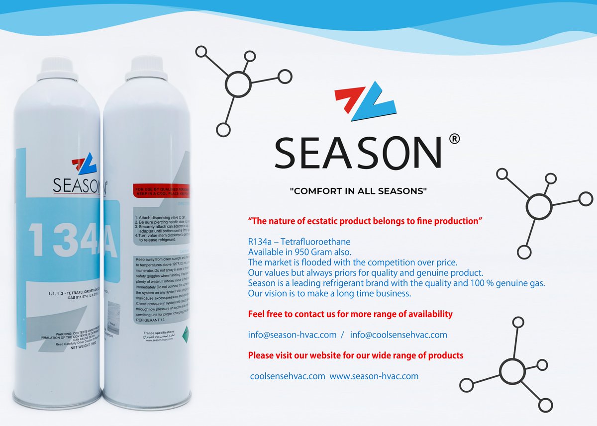 HvacSense's tweet photo. R134A is a Refrigerant gas used for #cooling  purpose. 
It is one of the most selling product after R22. 
Season is a leading Refrigerant Brand in middle east and now heading for the world. Cool sense proudly announce it as distributor of season brand.
https://t.co/OKva2ICrGJ https://t.co/UiW7IQKaT4