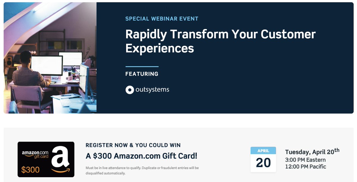 KellyJoSmith's tweet photo. Join @OutSystems, @Humana and @actualtechmedia on April 20 for a special webinar event on Customer Experiences! Learn how to leverage @awscloud with pre-built integrations, modernize legacy systems, extend your #CX with chatbots or #PWAs and more. RSVP: https://t.co/6uQ1gTMFqG https://t.co/UCEWCp9mnb