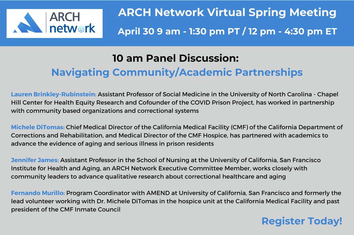 It’s not too late to register for our Virtual Sprint Meeting! Excited to announce our panelists for our “Navigating Community and Academic Partnerships” Panel Discussion. #ARCHNetwork register now: bit.ly/3wvquxK
