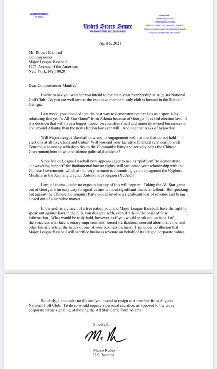 .@marcorubio letter to Major League Baseball Commissioner Rob Manfred asking him if he’ll relinquish his personal membership at Georgia’s Augusta National Golf Club, after MLB moves All Star Game and Amateur Draft out of Georgia